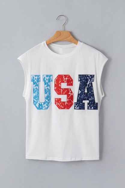 White USA Color Block Letter Printed Dolman Tee