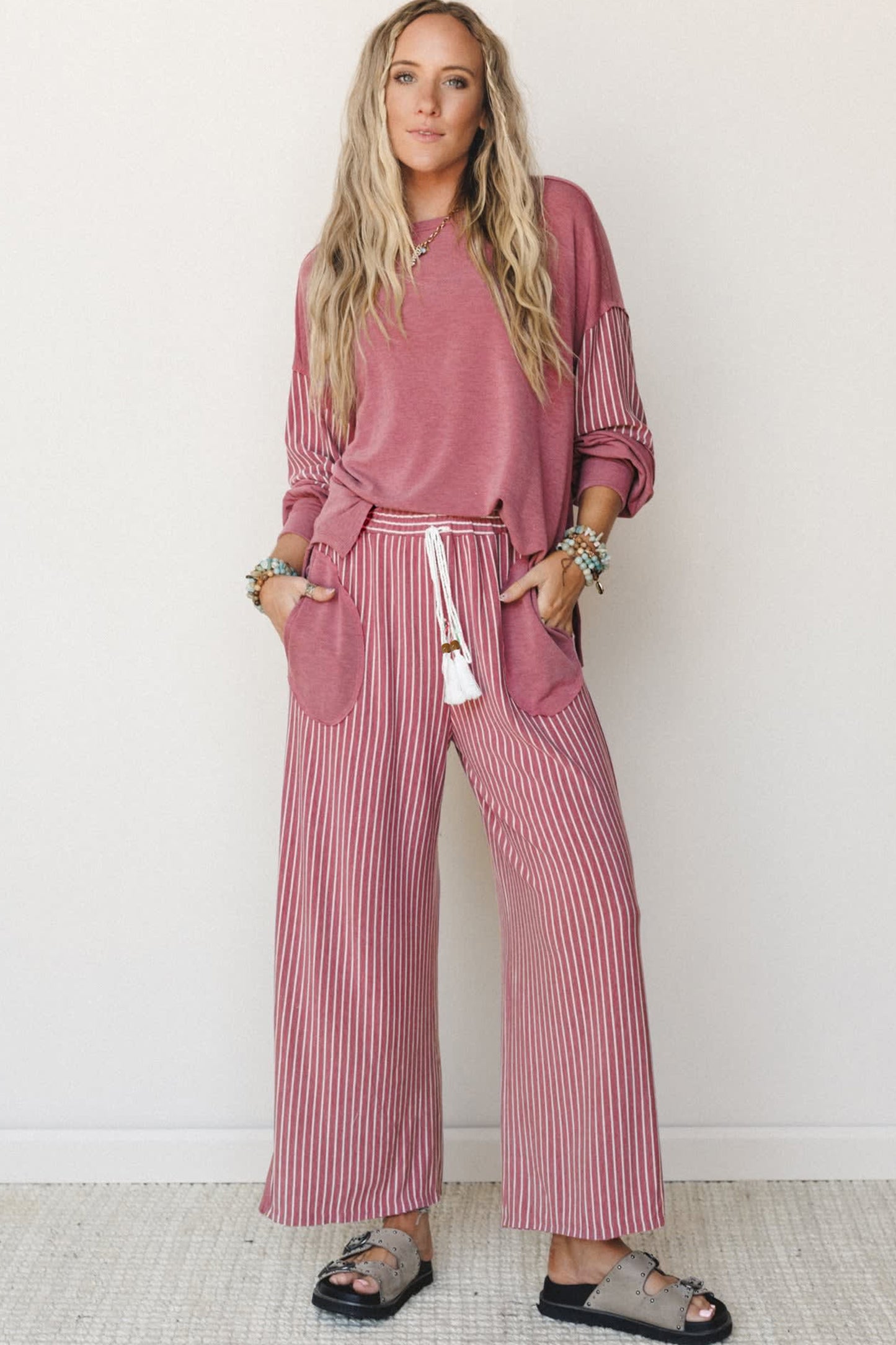 Raw Seam Patchwork Long Sleeve Top Pocket Casual Pants 2pcs Set