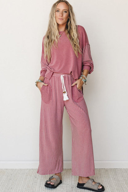 Raw Seam Patchwork Long Sleeve Top Pocket Casual Pants 2pcs Set