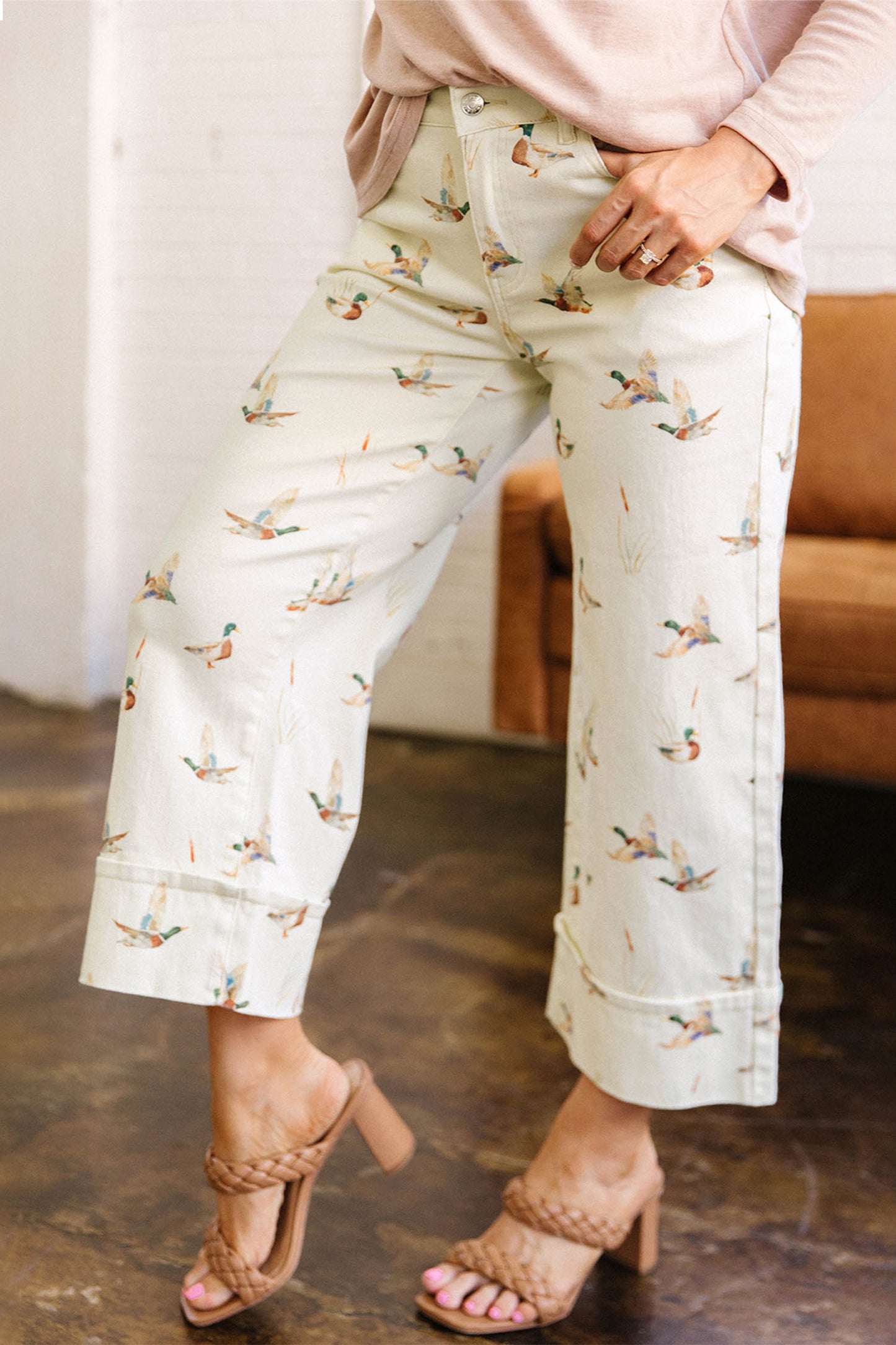 Mallard Printed Cuffed Hem Shift Jeans