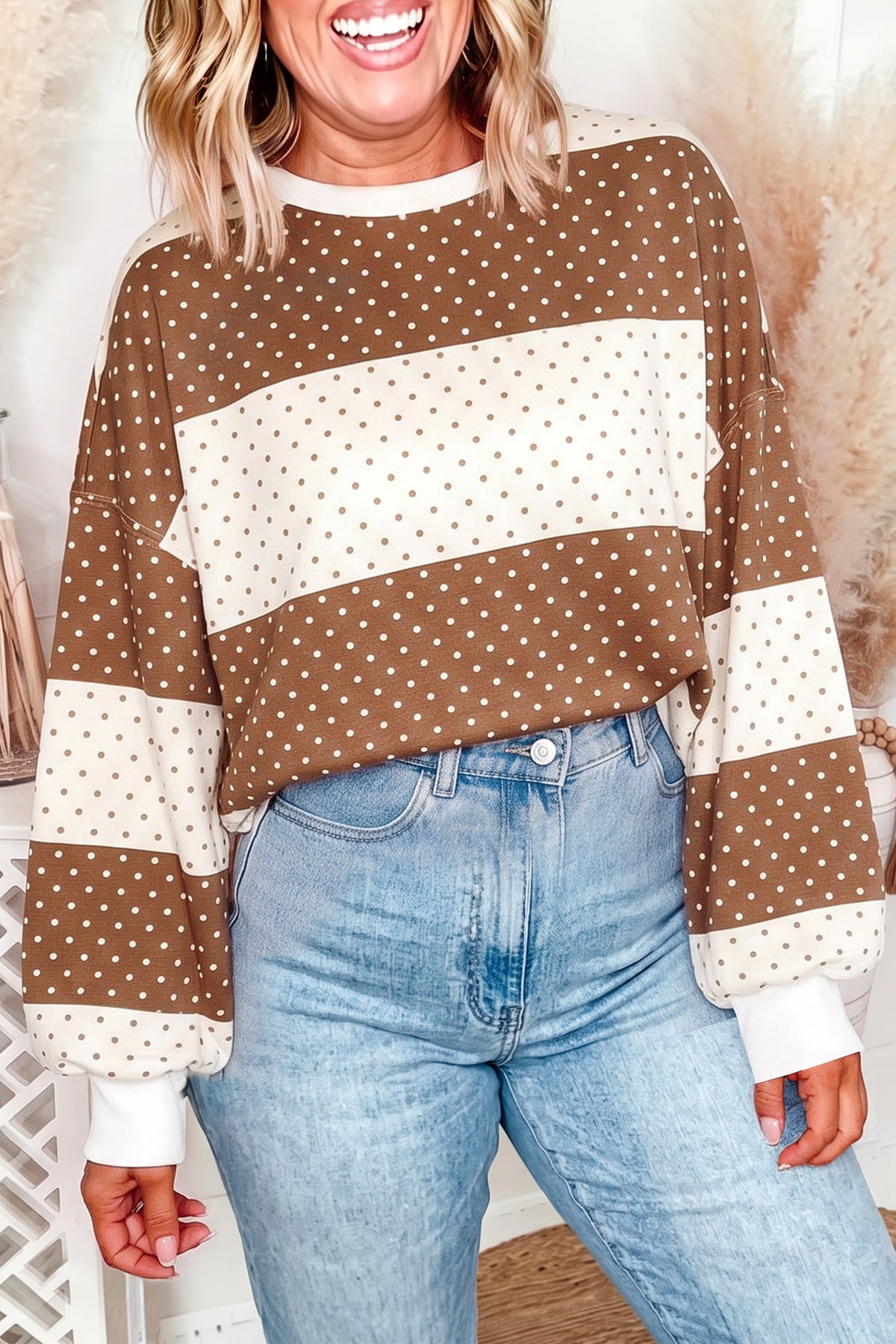 Blue Polka Dot Plus Size Long Sleeve Top