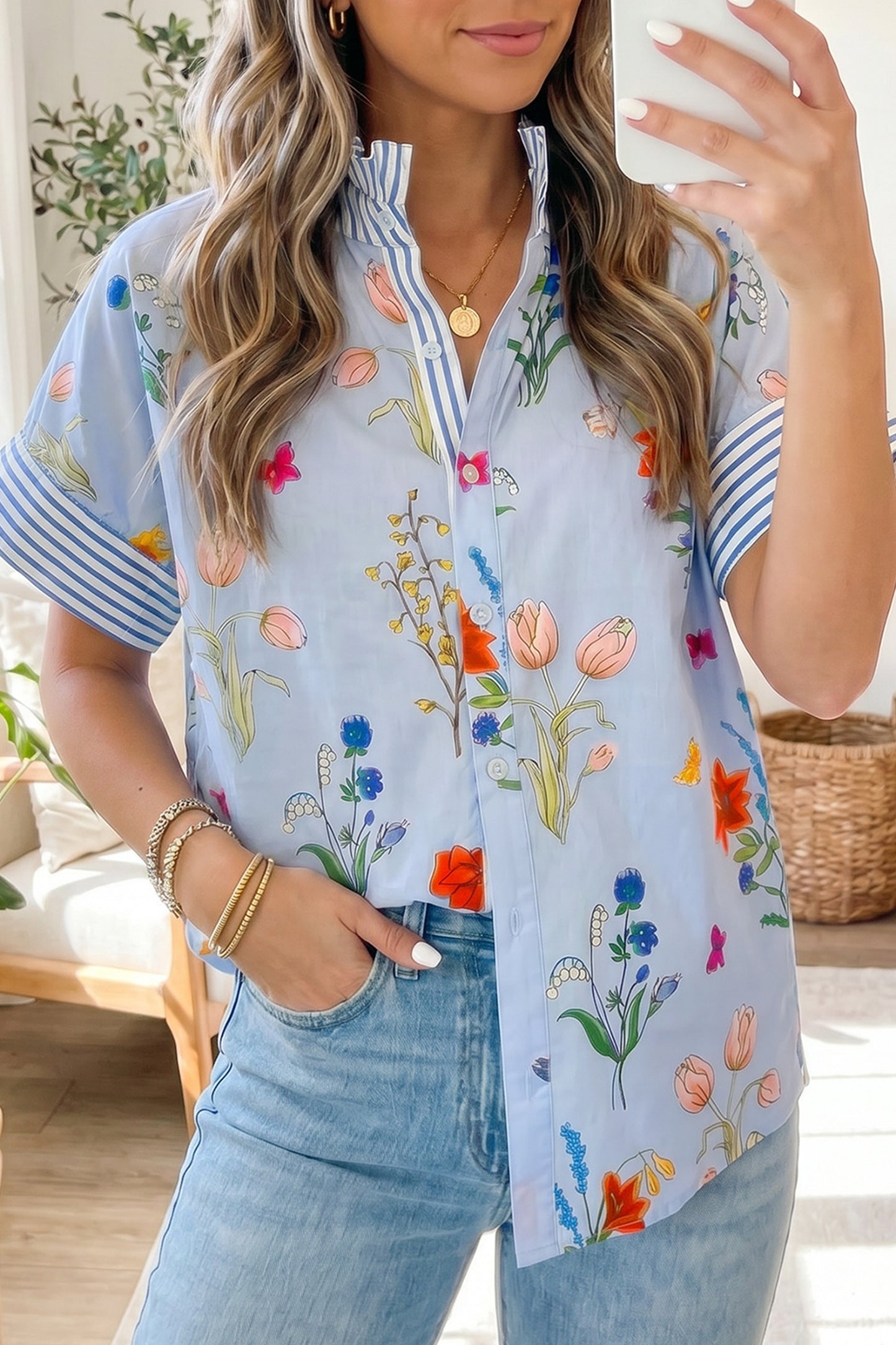 Floral Striped Patchwork Ruffled Collar Short Sleeve Shirt