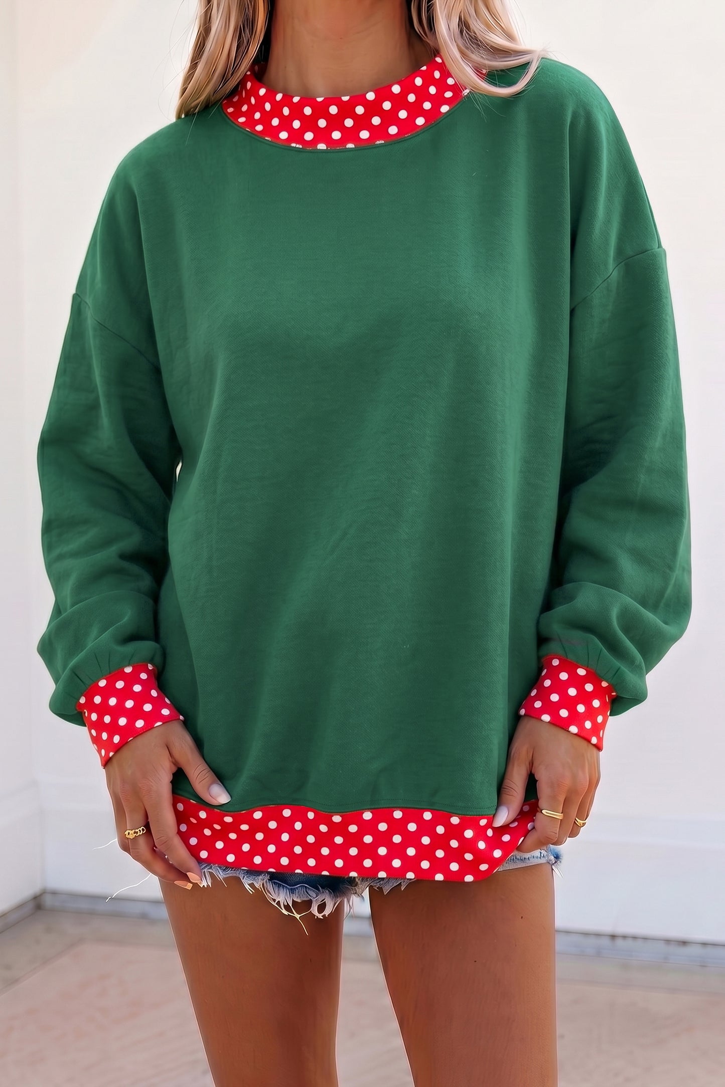 Colorblock Polka Dot Contrast Trim Oversized Sweatshirt