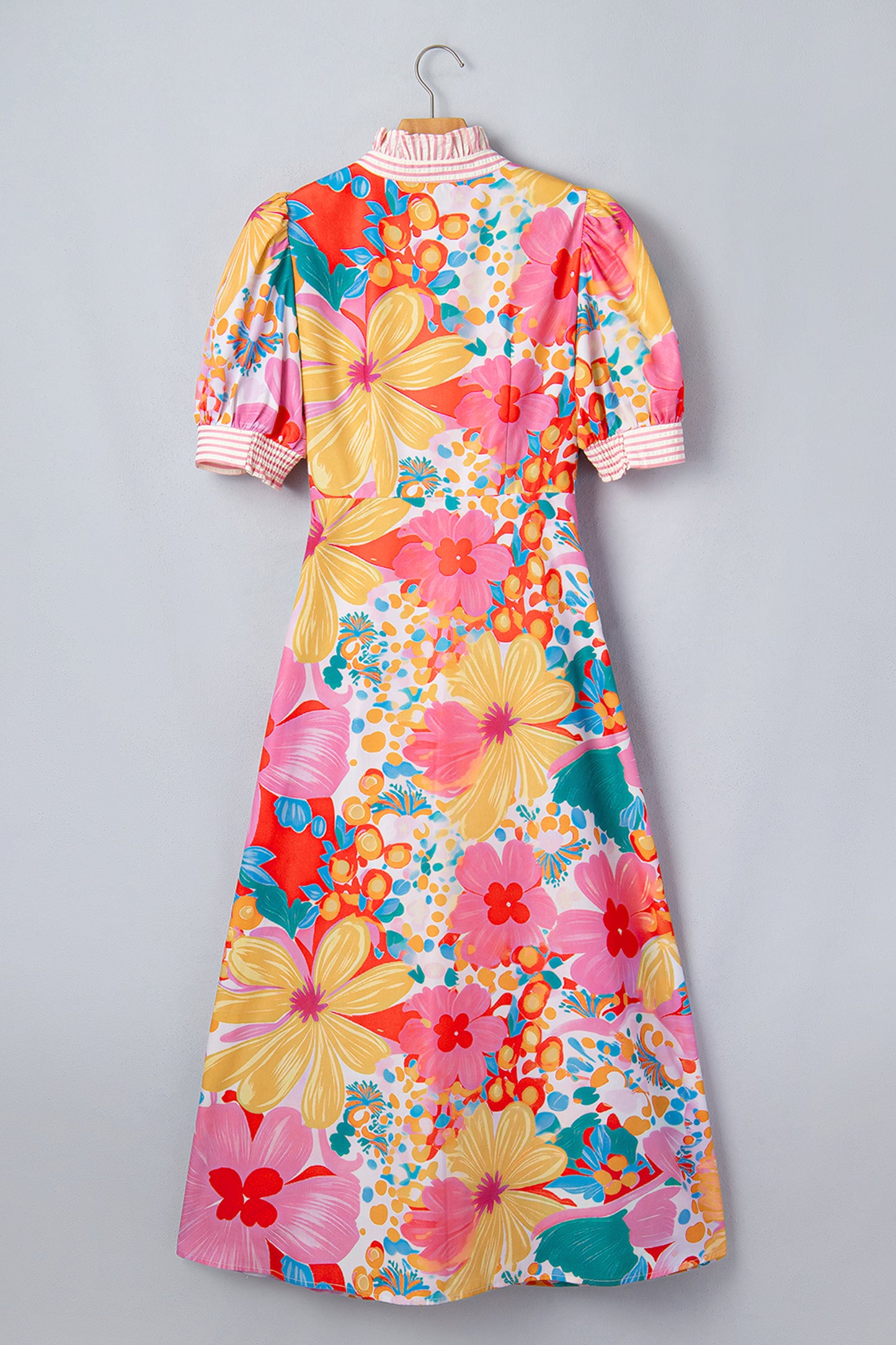 Floral Print Striped Trim Button Down Short Sleeve Dress
