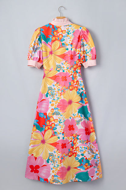 Floral Print Striped Trim Button Down Short Sleeve Dress