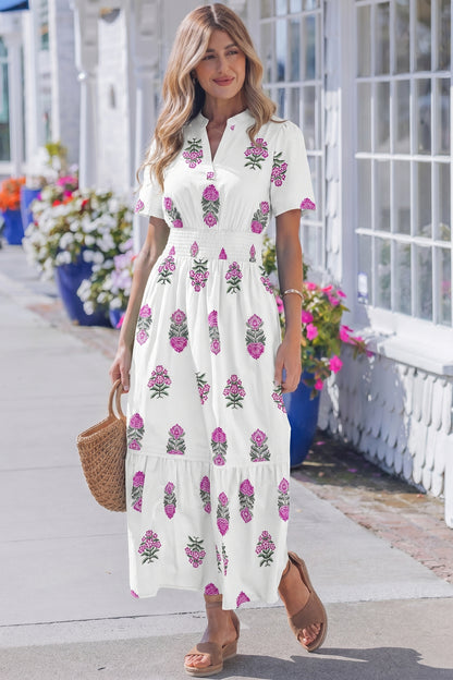 Split Neck Shirred High Waist Ruffle Hem Maxi Dress