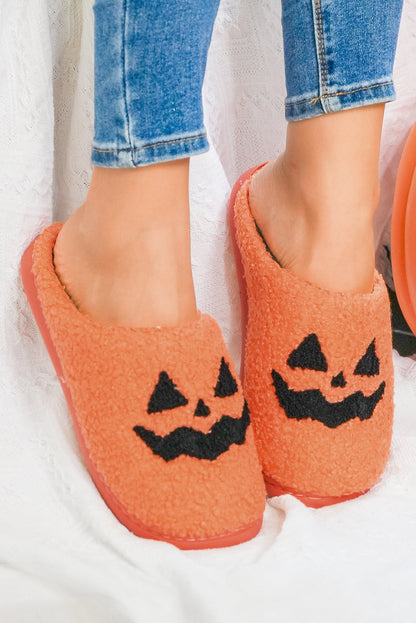 Orange Halloween Pumpkin Face Graphic Plush Slippers