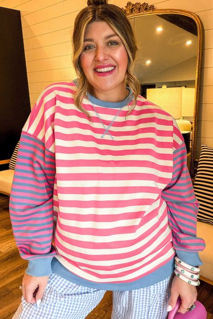 Pink Stripe Colorblock Tunic Plus Size Sweatshirt