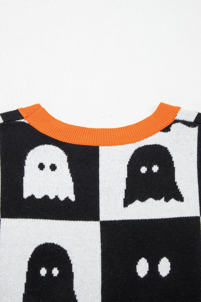White Geometric Ghost Color Block Trim Short Sleeve Knit Sweater