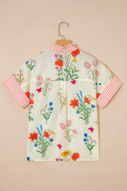 Floral Striped Patchwork Ruffled Collar Short Sleeve Shirt