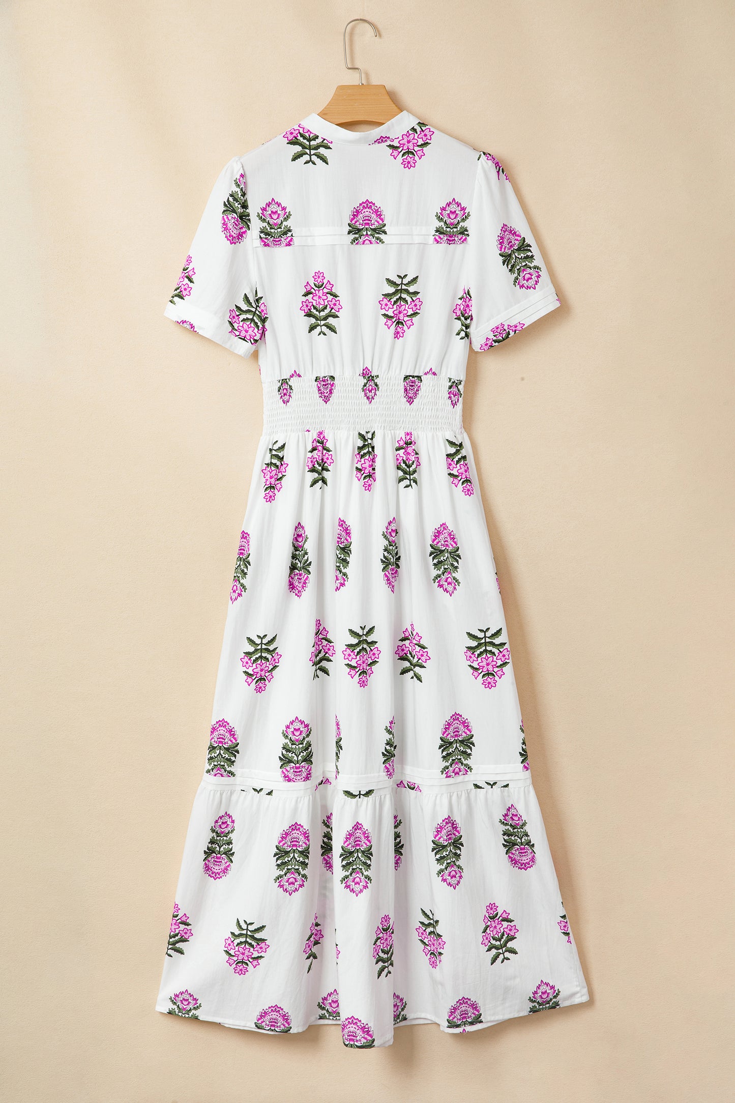 Split Neck Shirred High Waist Ruffle Hem Maxi Dress