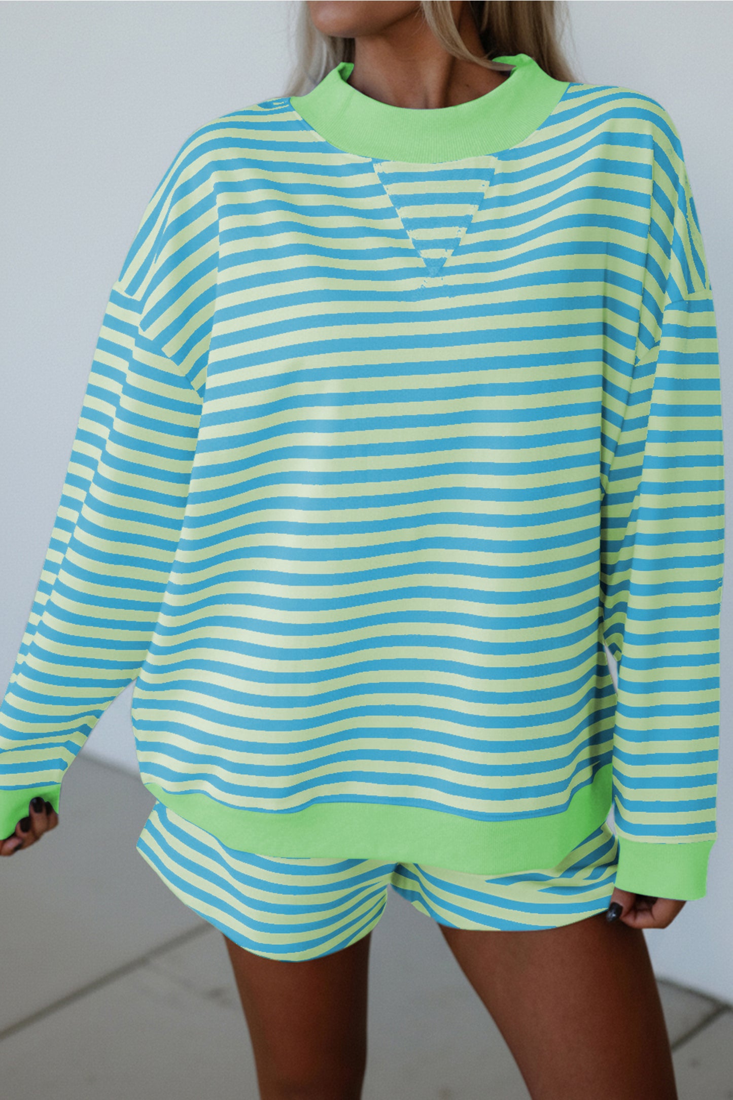 Stripe Color Block Detail Long Sleeve Pullover Elastic Waist Pull On Shorts 2pcs Set