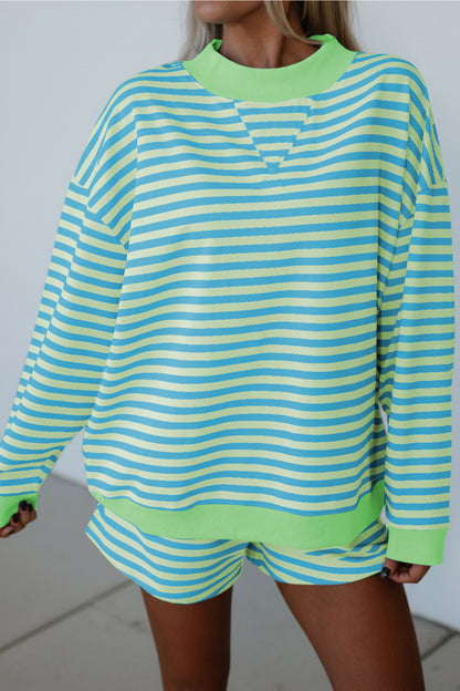 Stripe Color Block Detail Long Sleeve Pullover Elastic Waist Pull On Shorts 2pcs Set