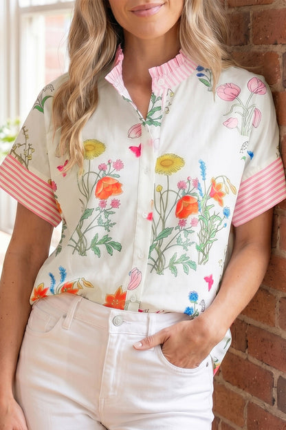 Floral Striped Patchwork Ruffled Collar Short Sleeve Shirt
