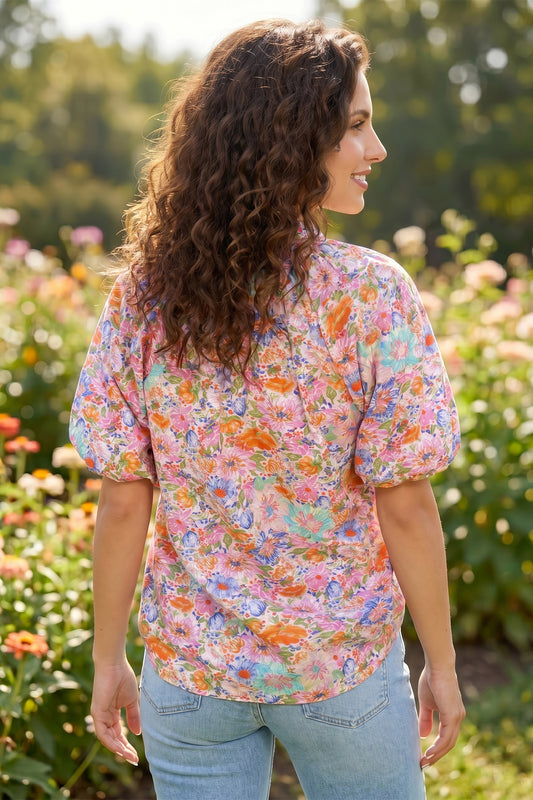 Pink Floral Print V Neck Short Sleeve Shift Blouse
