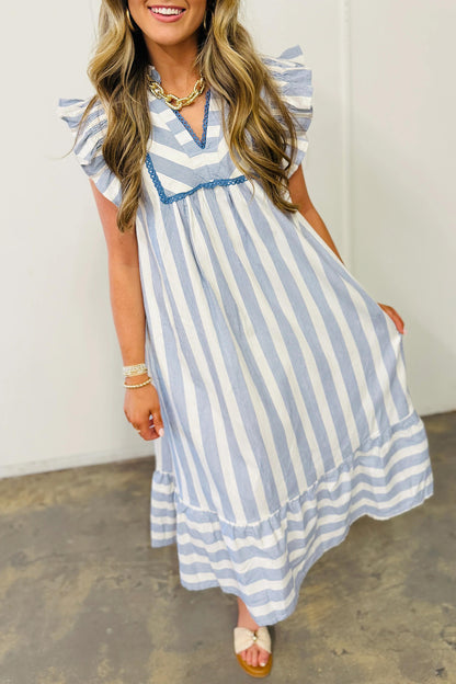 Stripe Subtle Lace Detail V Neck Ruffle Trim Casual Dress