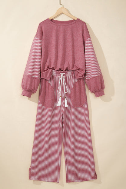 Raw Seam Patchwork Long Sleeve Top Pocket Casual Pants 2pcs Set