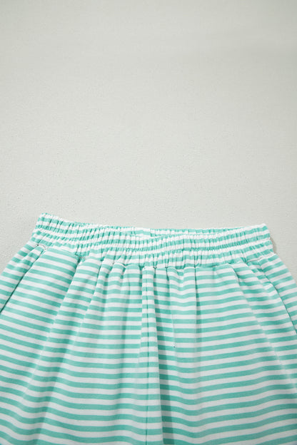 Sky Blue Stripe Oversize Mock Neck Sweatshirt and Shorts Set