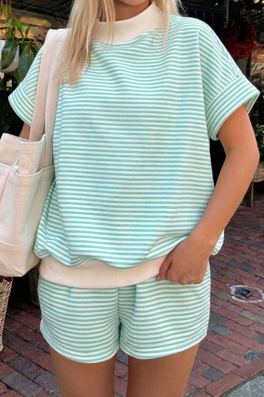 Cuffed Sleeve Contrast Mock Neck Tee Casual 2pcs Short Set