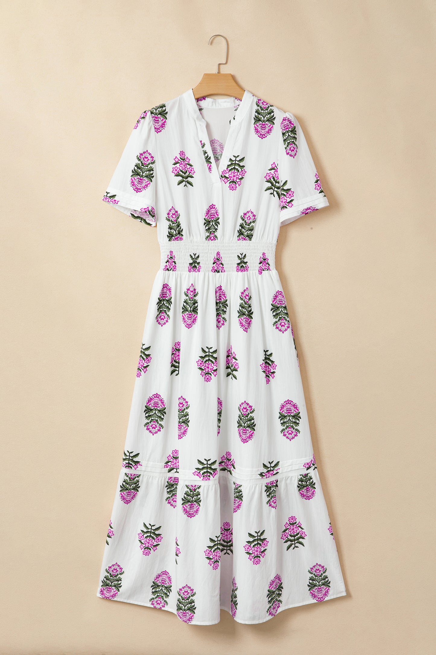 Split Neck Shirred High Waist Ruffle Hem Maxi Dress