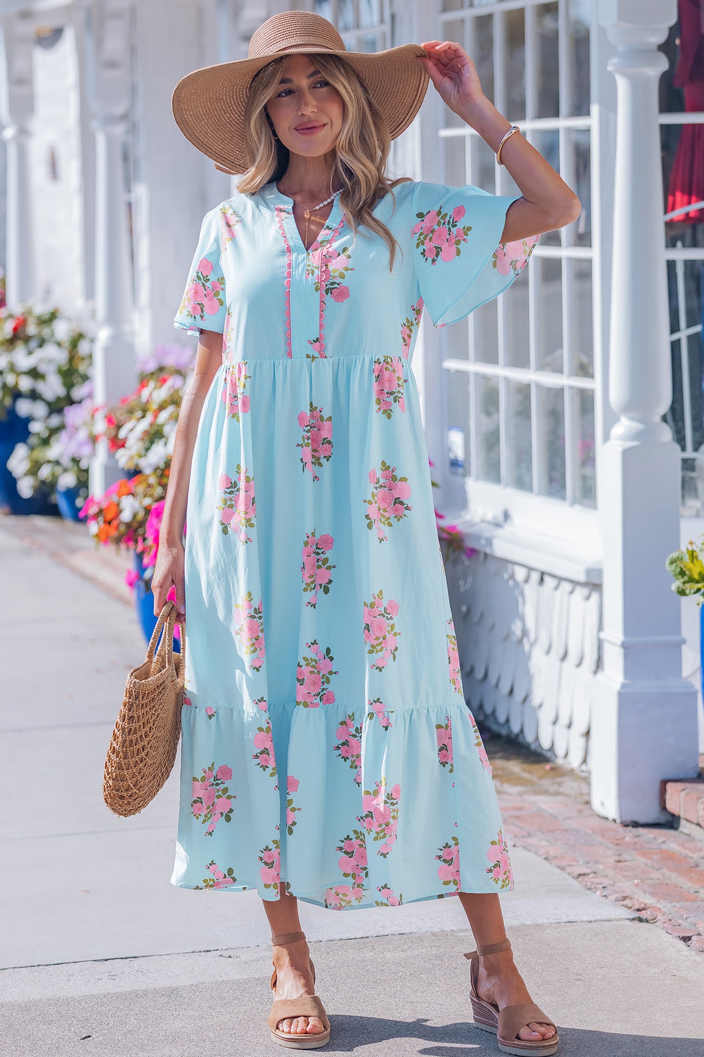 Sky Blue Notched Neck Flutter Short Sleeve Floral Print Maxi Dress