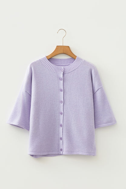 Beau Blue 3/4 Sleeve Boxy Knit Button Down Sweater Cardigan