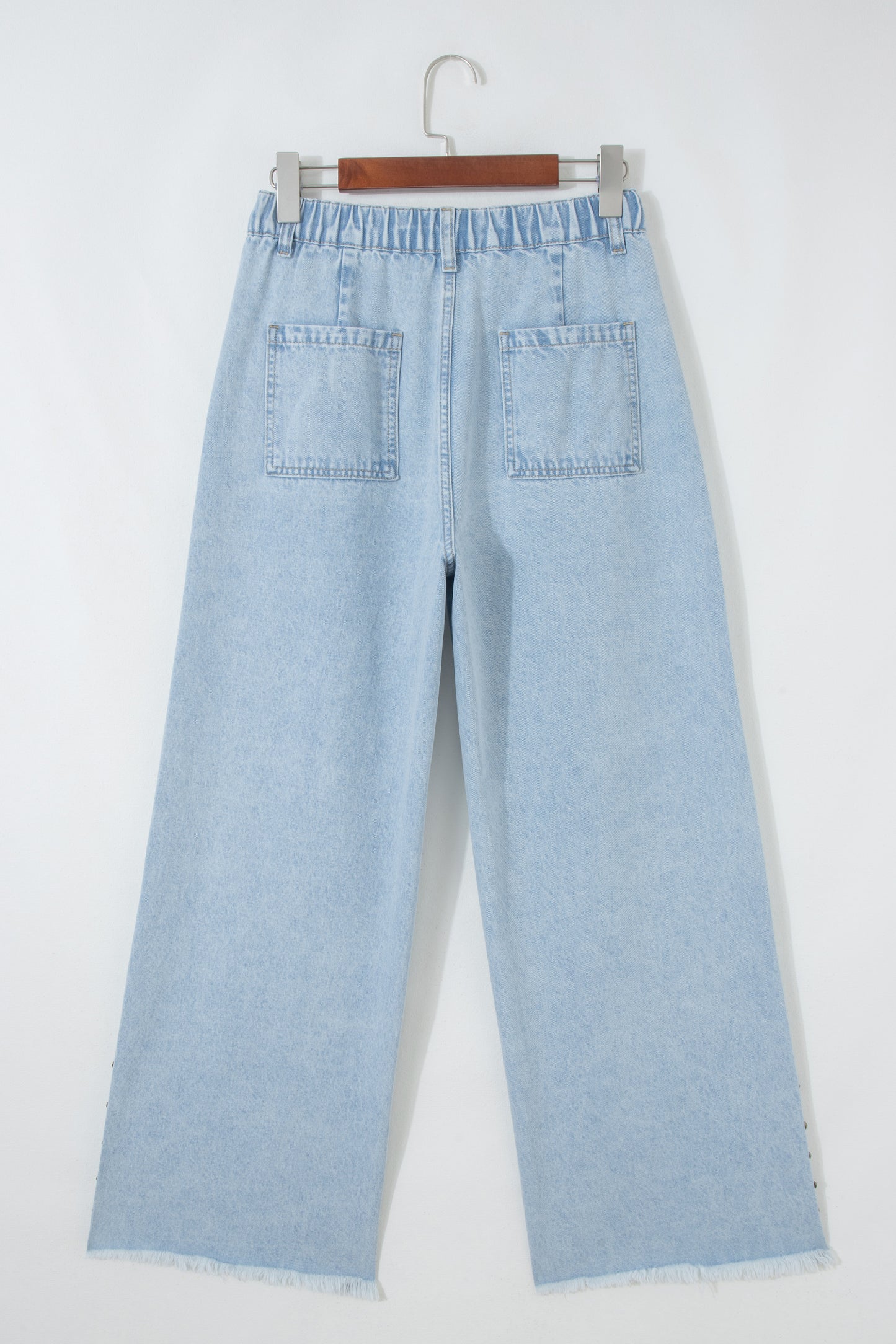 Studded Side Slit Leg Frayed Pocketed Wide Leg Jeans
