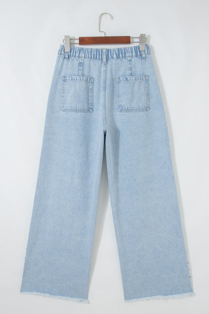 Studded Side Slit Leg Frayed Pocketed Wide Leg Jeans