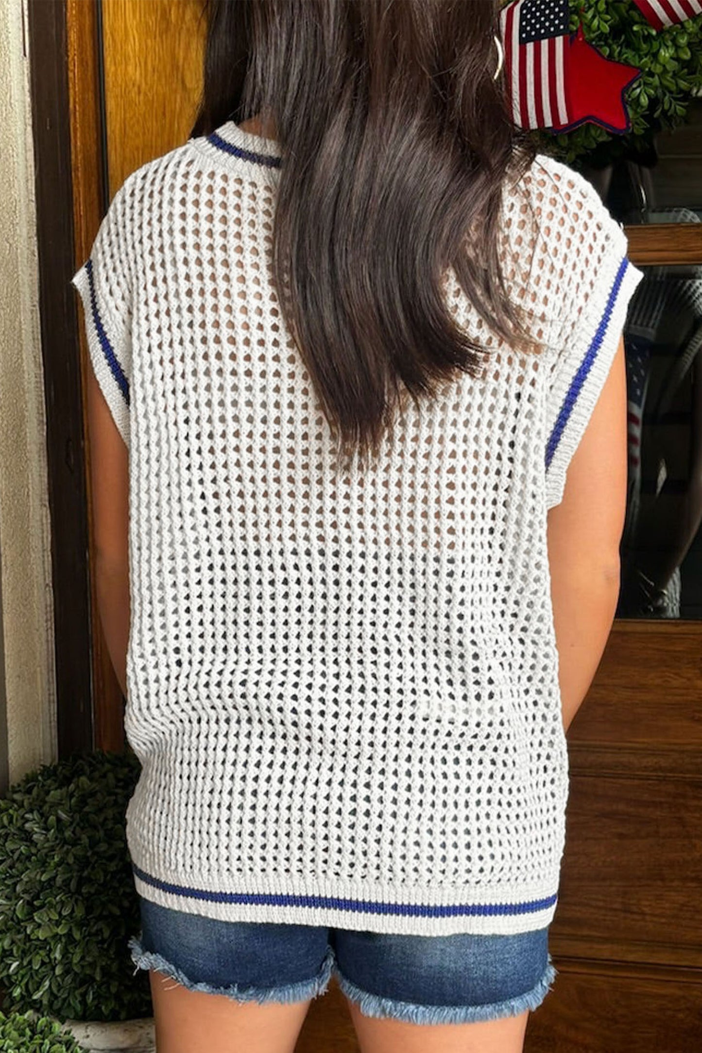 White USA Flag Eyelet Knitted Cap Sleeve Sweater Top