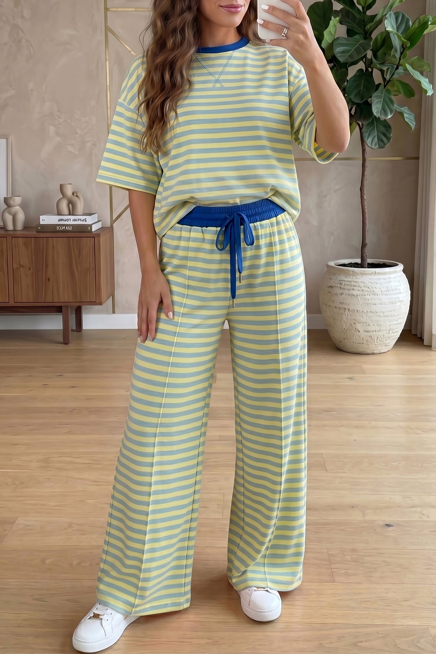 Loose Tee Drawstring Elastic Waist 2pcs Pant Set