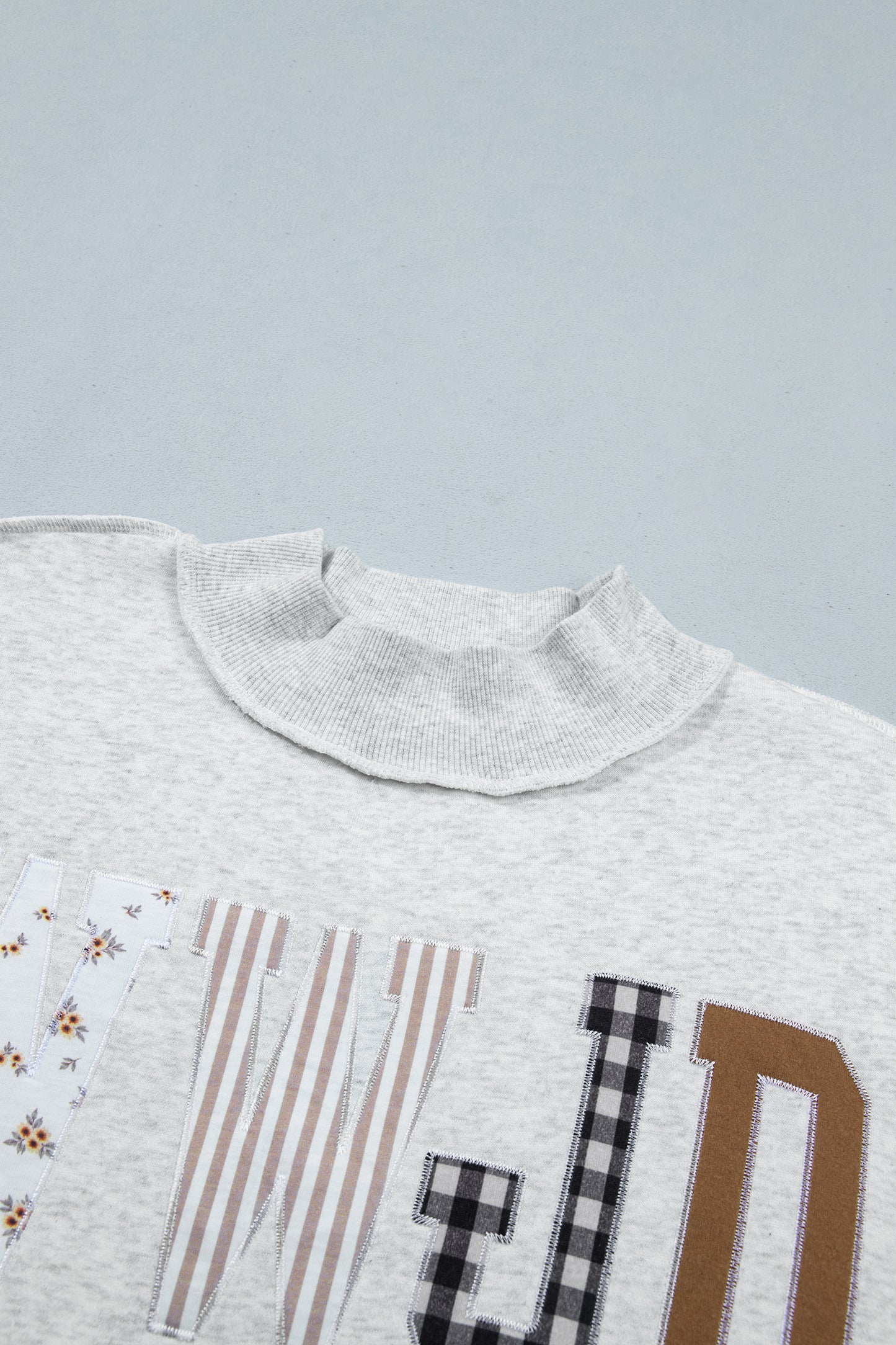 Gray WWJD Mixed Pattern Embroidered Patch Mock Neck Sweatshirt