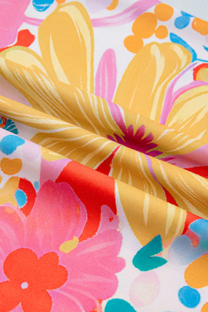Floral Print Striped Trim Button Down Short Sleeve Dress