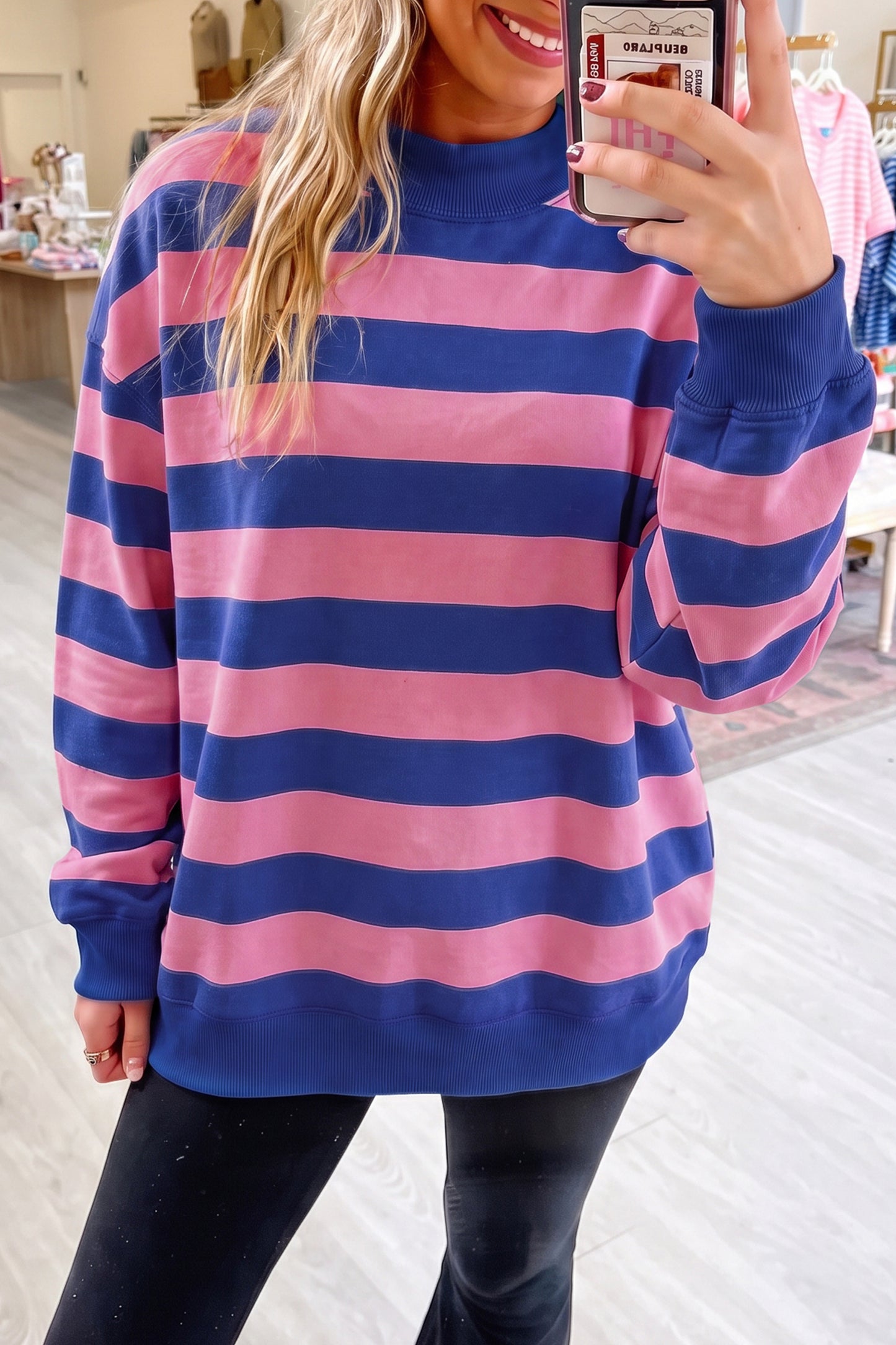 Orange Stripe Colorblock Mock Neck Relaxed Sweatshirt