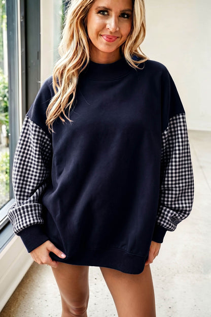 Plaid Sleeve Loose Tunic Mockneck Sweatshirt