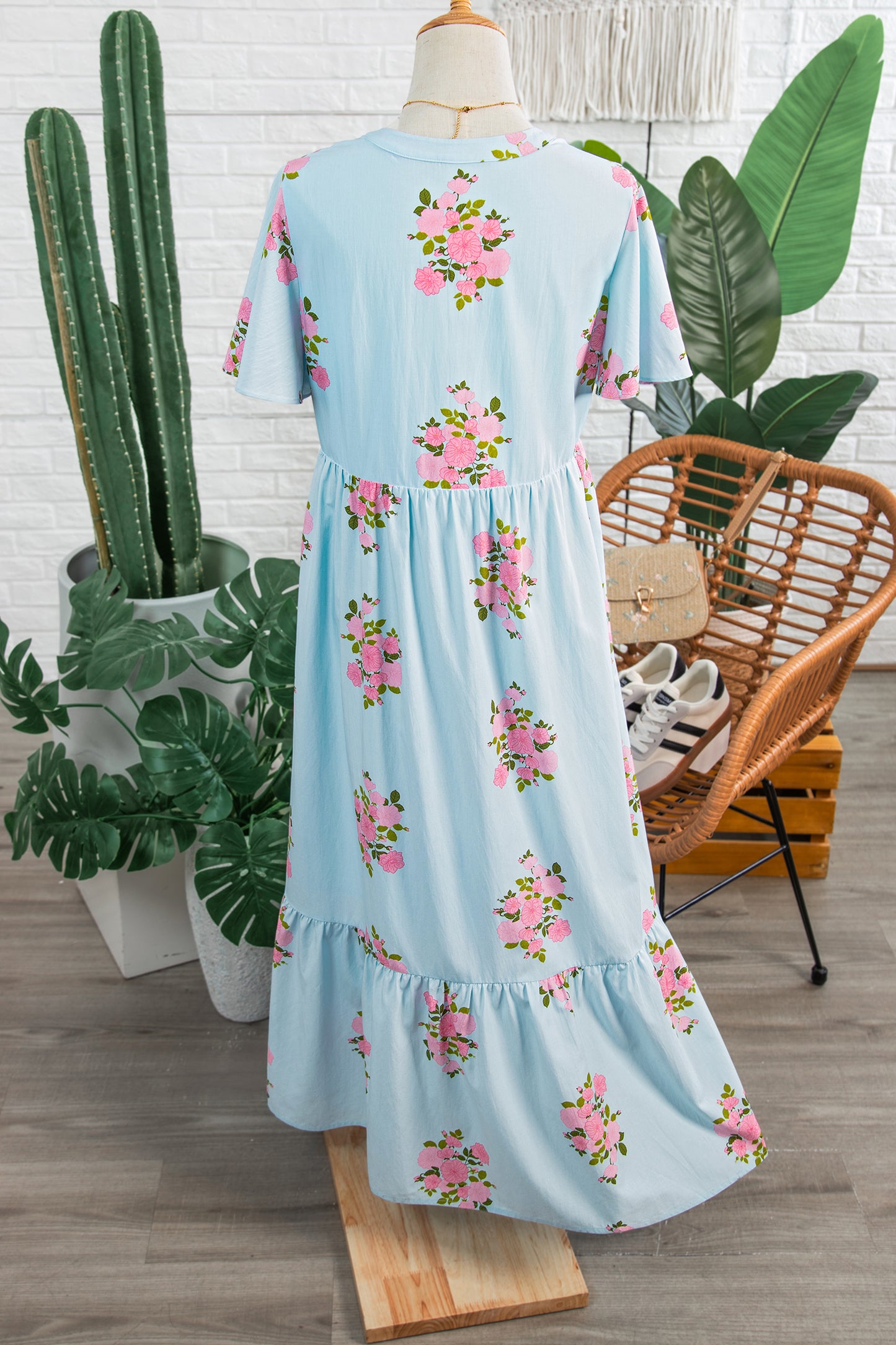 Sky Blue Notched Neck Flutter Short Sleeve Floral Print Maxi Dress
