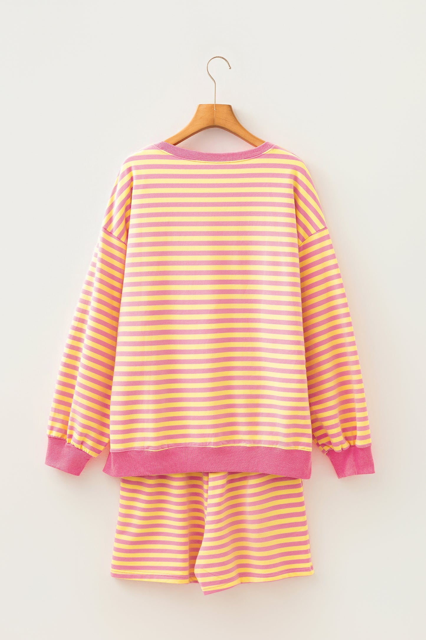 Yellow Stripe Color Block Trim Round Neck Long Sleeve Top Casual Shorts 2pcs Set