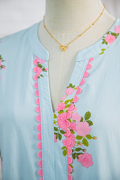 Sky Blue Notched Neck Flutter Short Sleeve Floral Print Maxi Dress