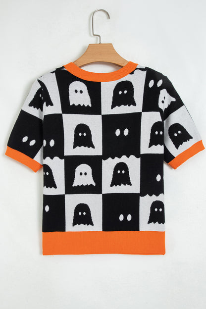 White Geometric Ghost Color Block Trim Short Sleeve Knit Sweater