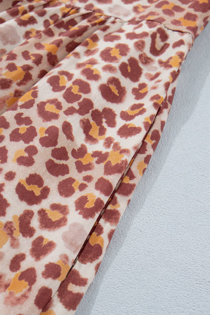 Khaki Leopard High Waist Ruffled Colorblock Trim Short Dress