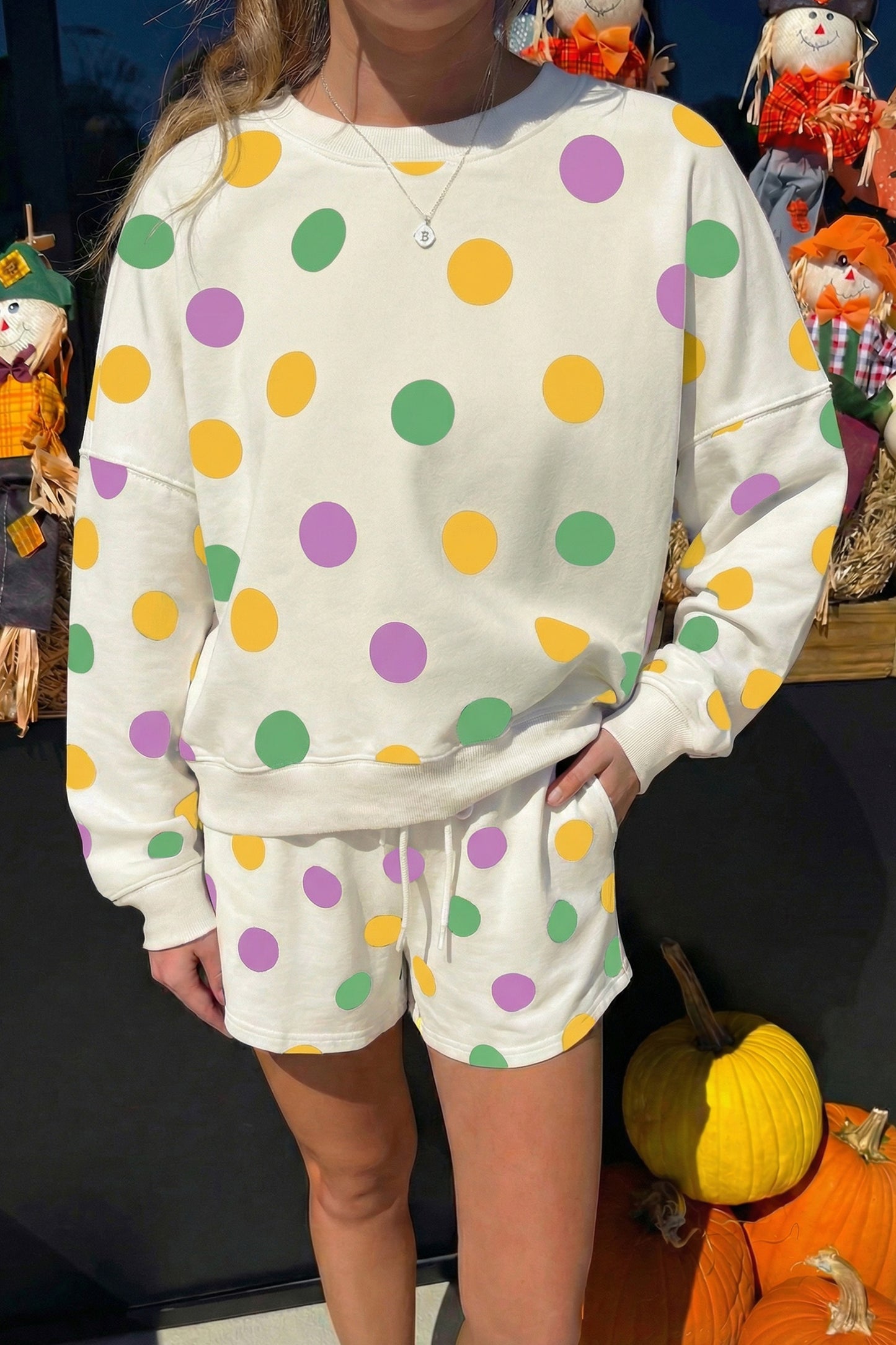 Polka Dot Print Pullover and Shorts Set