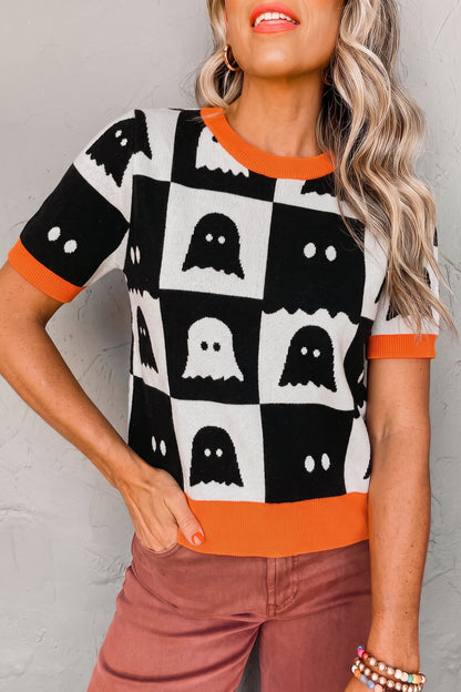 White Geometric Ghost Color Block Trim Short Sleeve Knit Sweater