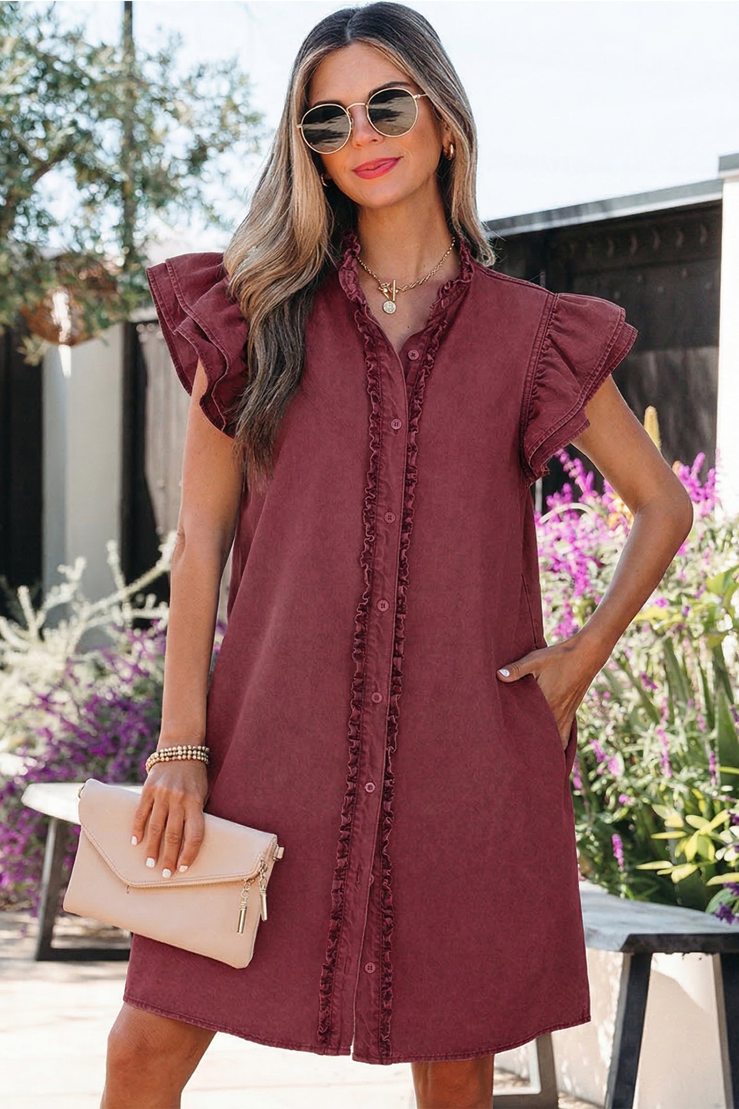 Red Sandalwood Frilled Detail Button Down Ruffle Short Sleeve Denim Mini Dress