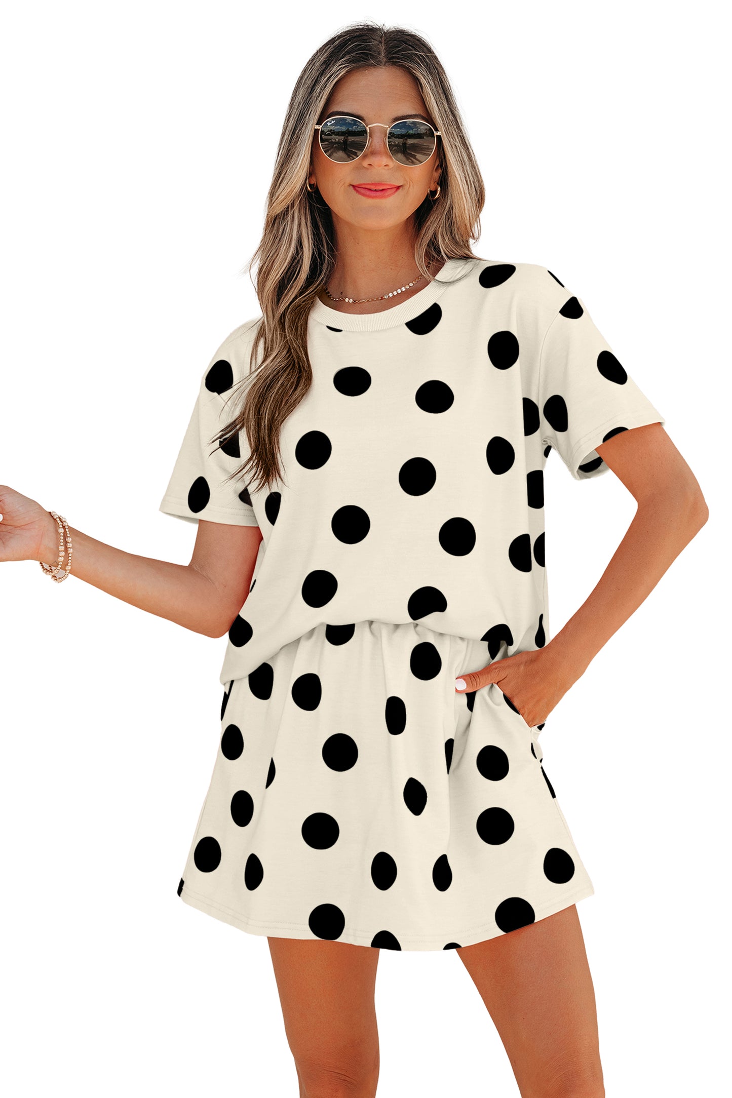 Polka Dot Short Sleeve Top Casual Skort 2pcs Outfit
