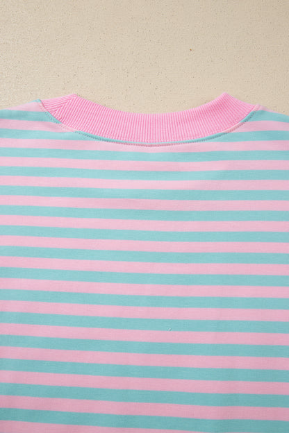Stripe Color Block Detail Long Sleeve Pullover Elastic Waist Pull On Shorts 2pcs Set