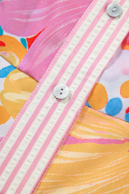 Floral Print Striped Trim Button Down Short Sleeve Dress