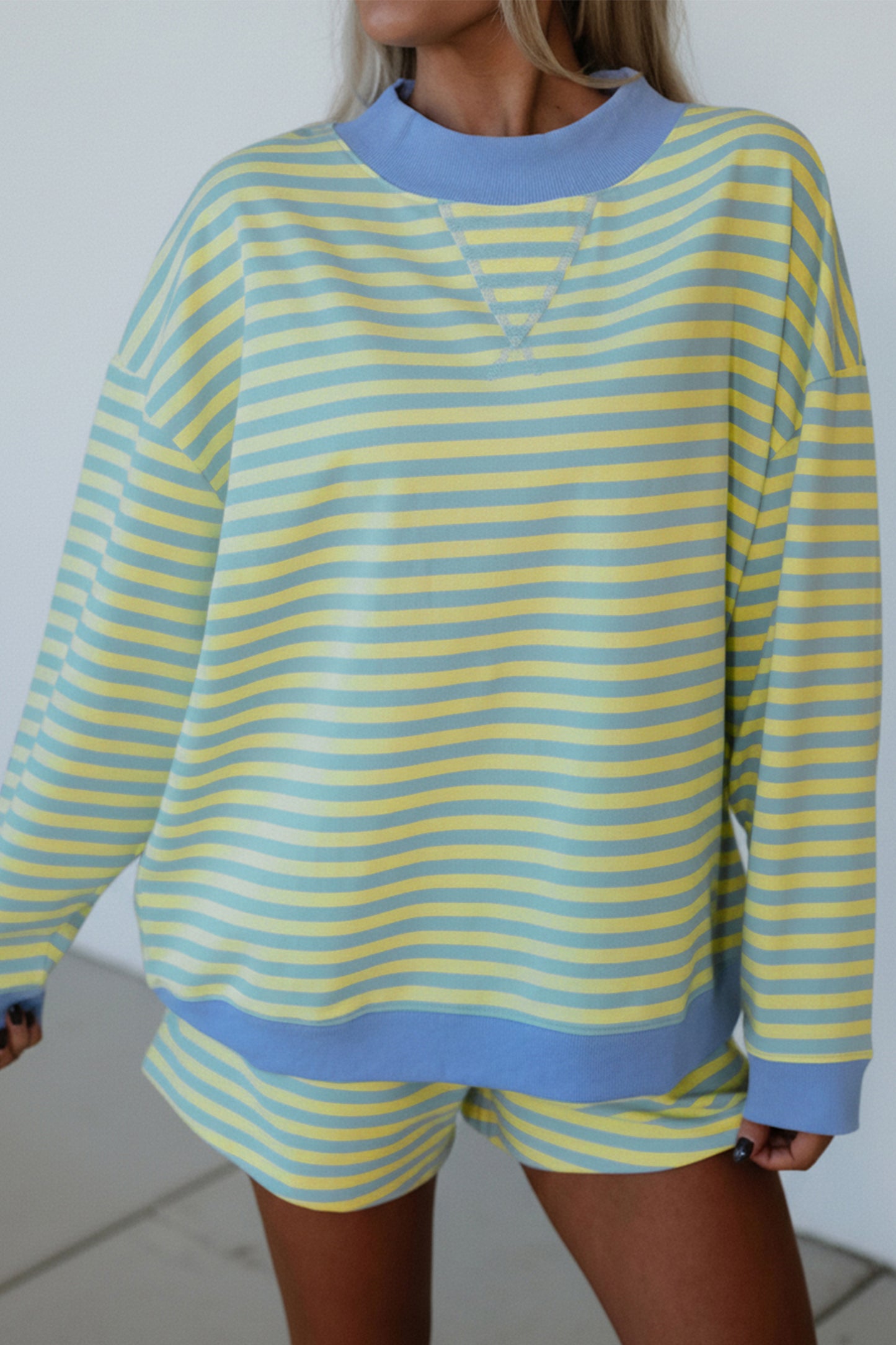 Stripe Color Block Detail Long Sleeve Pullover Elastic Waist Pull On Shorts 2pcs Set
