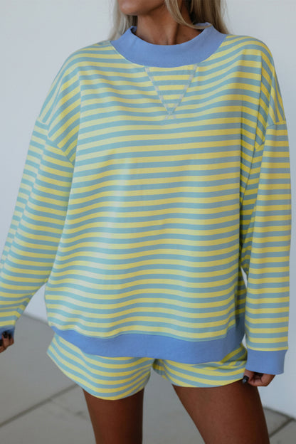 Stripe Color Block Detail Long Sleeve Pullover Elastic Waist Pull On Shorts 2pcs Set