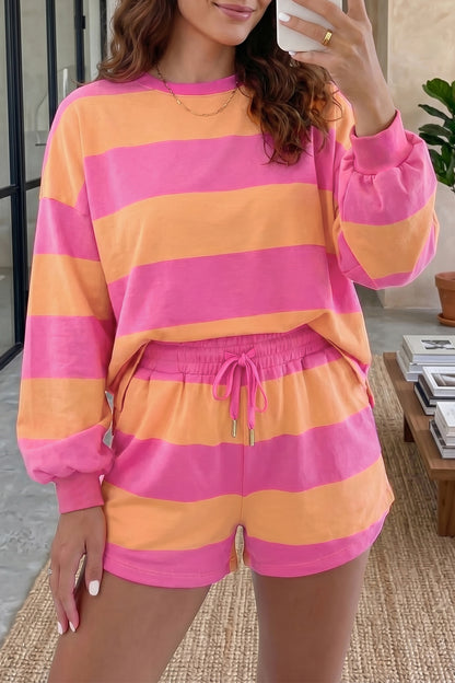 Pink Stripe Long Sleeve Casual Top Drawstring Shorts 2pcs Set