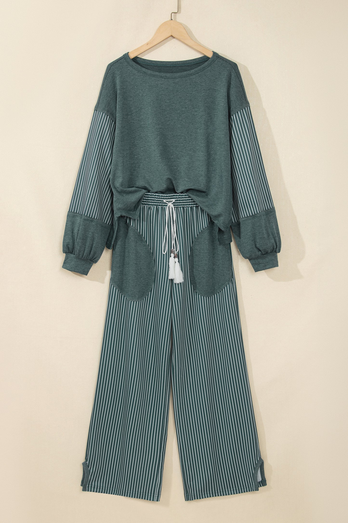 Raw Seam Patchwork Long Sleeve Top Pocket Casual Pants 2pcs Set