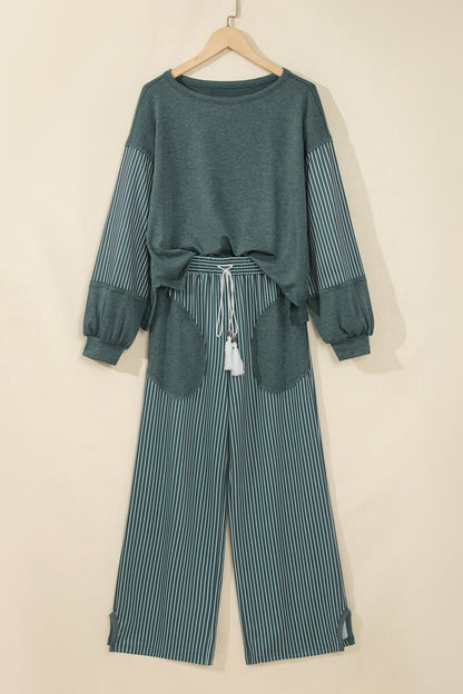 Raw Seam Patchwork Long Sleeve Top Pocket Casual Pants 2pcs Set